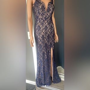 City Triangle Blue lace Floor Length Gown Slide Slit Front Size M US 7/8